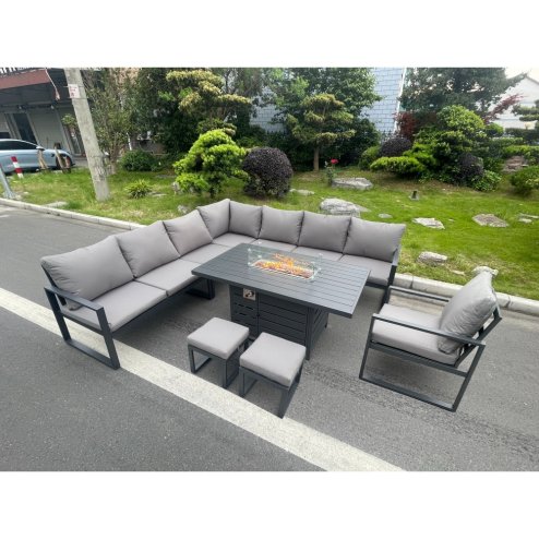 Fimous Aluminum Outdoor Garden Furniture Corner Sofa Chair Gas Fire Pit Dining Table Sets 2 Stools Gas Heater Burner Dark Grey 10 Seater