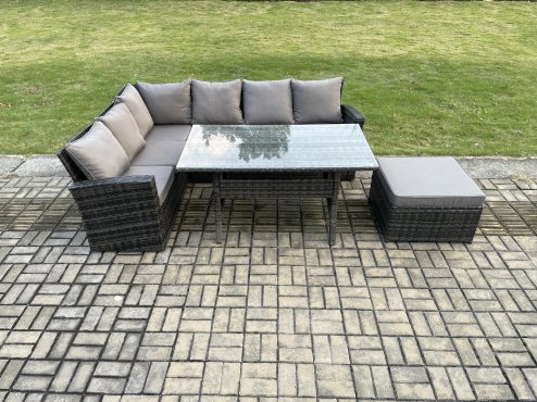 Fimous 7 Seater Garden Rattan Furniture Corner Dining Set with Big Footstool Indoor Outdoor Lounge Sofa Set Dark Grey Mixed