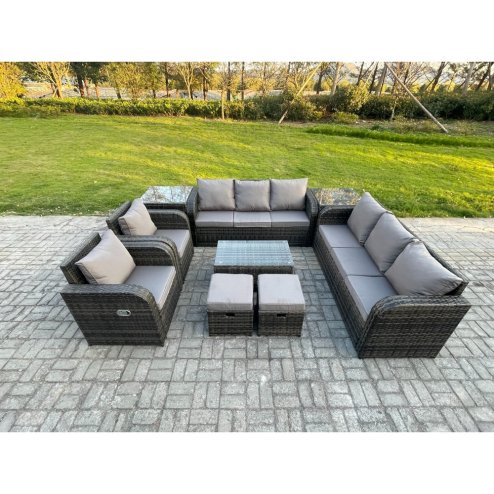 Fimous Rattan Outdoor Garden Furniture Sofa Set Patio Table & Chairs Set with 3 Seater Sofa Reclining Chair 2 Small Footstools 3 Seater Sofa 2 Side Tables Dark Grey Mixed