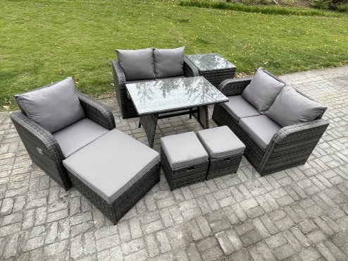 Fimous 8 Seater Outdoor Garden Dining Sets Rattan Furniture With Dining Table Armchairs Love Sofa 3 Footstools Side Table Dark Grey Mixed