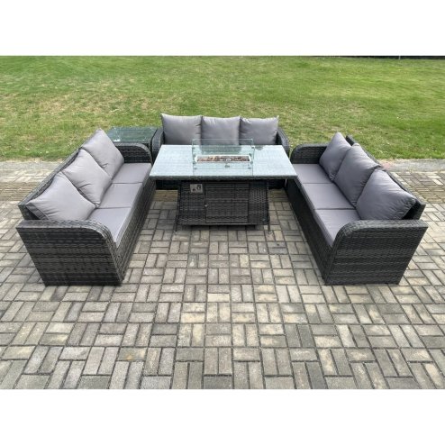 Fimous Rattan Furniture Garden Dining Set Gas Fire Pit Table With Side Table 3 Seater Sofa Dark Grey Mixed