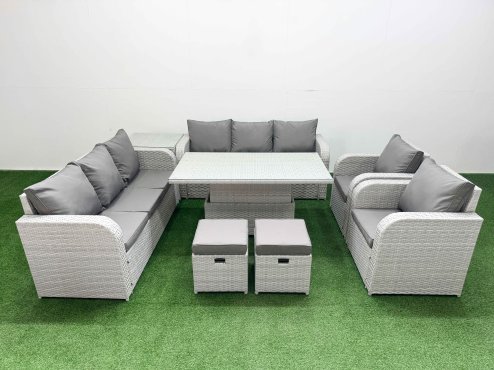 Fimous PE Rattan High Back Lounge Sofa Set Patio Adjustable Lifting Dining or Coffee Table & Chairs Set with 3 Seater Sofa Reclining Chair Stools Side Table Light Grey