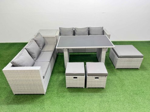 Fimous Rattan Garden Furniture Dining Set 9-seater Patio Rectangular Table Sofa Set with Side Table 3 Stools Light Grey