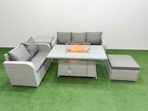 Fimous 6 Seater PE Rattan Wicker Garden Furniture Patio Conservatory Sofa Set with Firepit Dining Table 3 Seater Sofa Love Sofa Big Footstool Side Table