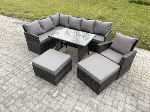 Fimous Rattan Garden Furniture Corner Sofa Set with Oblong Dining Table 2 Big Footstool Armchair Outdoor Wicker Rattan Set Dark Grey Mixed