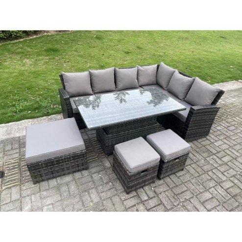 Fimous 9 Seater High Back?Outdoor Rattan Adjustable Rising Lifting Dining Table Corner Sofa Set Garden Furniture Footstools Dark Grey Mixed Right Hand