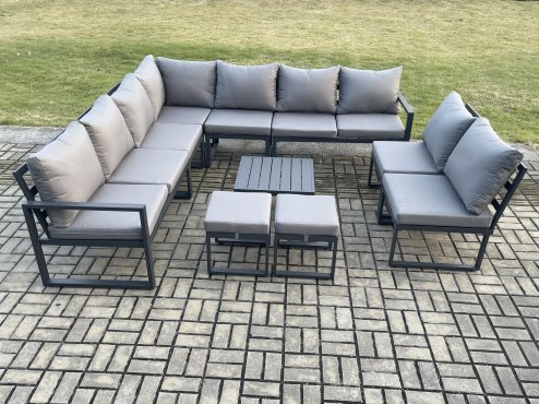 Fimous 11 Seater Patio Outdoor Garden Furniture Aluminium Lounge Corner Sofa Set with Square Coffee Table with 2 Small Footstools Dark Grey