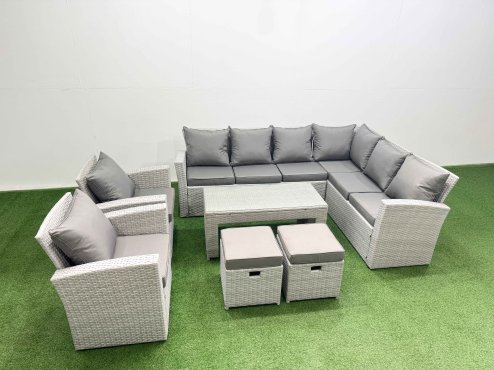 Fimous Rattan Garden Furniture Set 7 Pieces Outdoor Garden Sofa Oblong Coffee Table Set with 2 Chairs 2 Small Footstools Light Grey Mixed