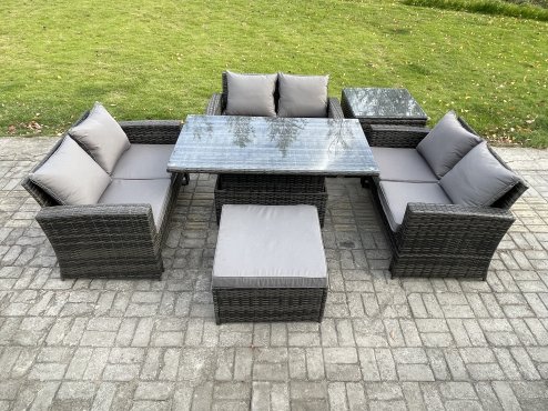 Fimous 7 Seater Rattan Wicker Garden Furniture Patio Conservatory Sofa Set with Height Adjustable Rising Lifting Table Double Seat Sofa Big Footstool Side Table
