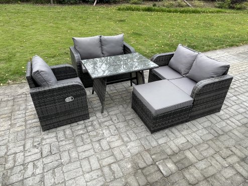 Fimous Outdoor Garden Dining Sets Rattan Furniture With Dining Table Armchairs Love Sofa Big Footstool Dark Grey Mixed
