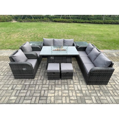 Fimous Wicker Rattan Garden Furniture Set Gas Fire Pit Dining Table Indoor Outdoor with 2 Side Tables Chair Loveseat Sofa 2 Small Footstools