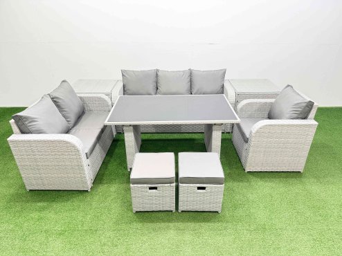 Fimous Rattan Outdoor Table Reclining Chair Sofa Set with 2 Side Tables 2 Small Stools Light Grey 8 Seater