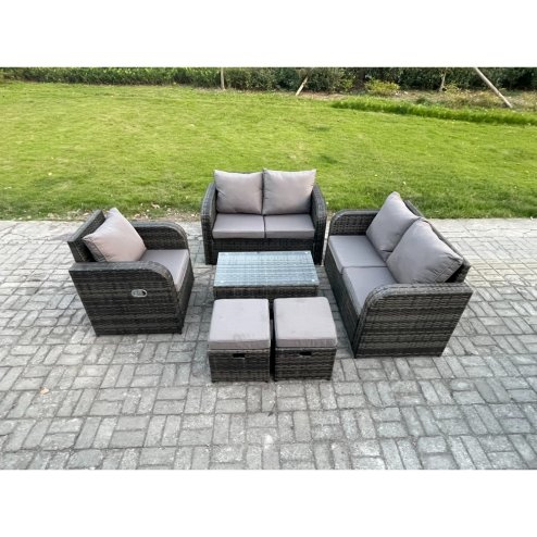 Fimous High Back Rattan Garden Furniture Set with Loveseat Sofa Rectangular Coffee Table 2 Small Footstools Indoor Outdoor Patio Lounge Sofa Set Dark Grey Mixed