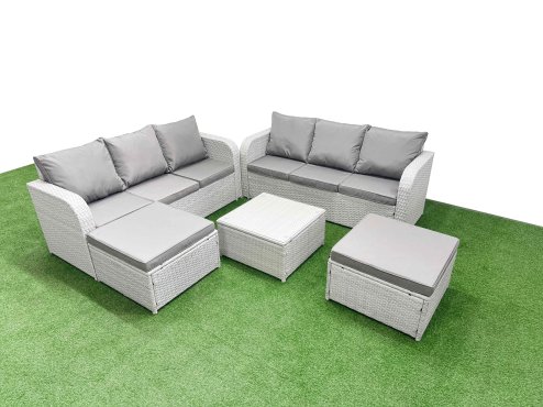 Fimous Outdoor Garden Furniture Sets 8 Seater Wicker Rattan Furniture Sofa Sets with Square Coffee Table high Back Lounge Sofa 2 Big Footstool Light Grey