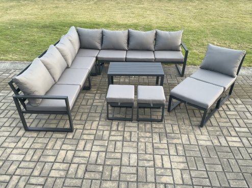 Fimous Aluminium 11 Seater Patio Outdoor Garden Furniture Lounge Corner Sofa Set with Oblong Coffee Table 3 Footstools Dark Grey