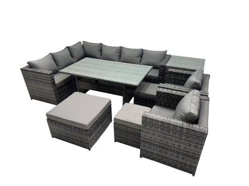 Fimous Outdoor PE Rattan Sofa Set with Dining Table Patio Garden Furniture Sets with 3 Stool Side Table Dark Grey Mixed