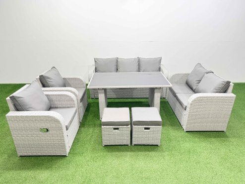 Fimous 9 Seater Garden Furniture Set PE Ratten Garden Sofa Set with Rectangular Dining Table 2 Small Stools Light Grey