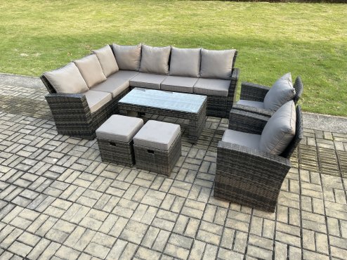 Fimous 10 Seat Rattan Garden Furniture Corner Sofa Set Outdoor Patio Sofa Chair Table Set with 2 Small Footstools Dark Grey Mixed