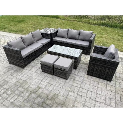 Fimous Outdoor Rattan Garden Furniture Lounge Sofa Set With Oblong Rectagular Coffee Table Arm Chair Side Coffee Table 2 Stools