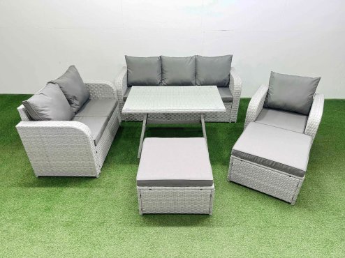 Fimous Rattan High Back Lounge Sofa Set Patio Dining Table & Chairs Set with 3 Seater Sofa Reclining Chair 2 Big Stool Light Grey