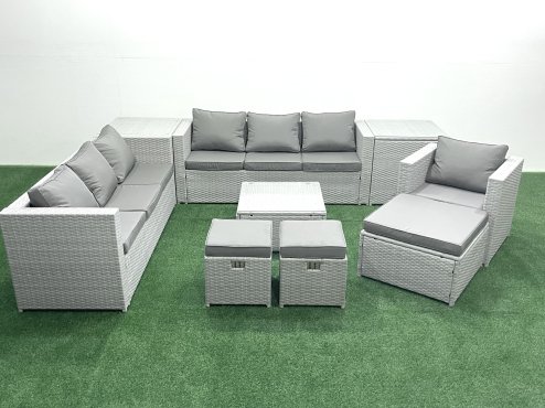 Fimous Wicker PE Rattan Sofa Garden Furniture Set with Armchair Square Coffee Table 3 Footstools 2 Side Tables Light Grey Mixed