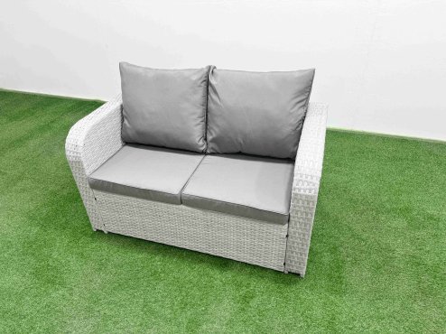 Fimous 7 Seater Outdoor Reclining Chair Love Sofa Set Rattan Garden Furniture Set with Oblong Coffee Table Footstool Side Table Light Grey