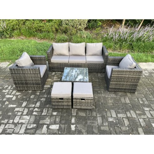 Fimous Wicker Rattan Garden Furniture Sofa Set with Armchair Square Coffee Table 2 Small Footstools Dark Grey Mixed