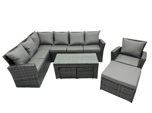 Fimous 10 Seat Poly Rattan Outdoor Patio Oblong Coffee Table Corner Sofa Set with 3 Stool Chair for Garden Backyard Dark Grey Mixed