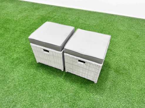 Fimous PE Rattan High Back Lounge Sofa Set Patio Square Coffee Table & Chairs Set with 3 Seater Sofa Reclining Chair Stools Light Grey