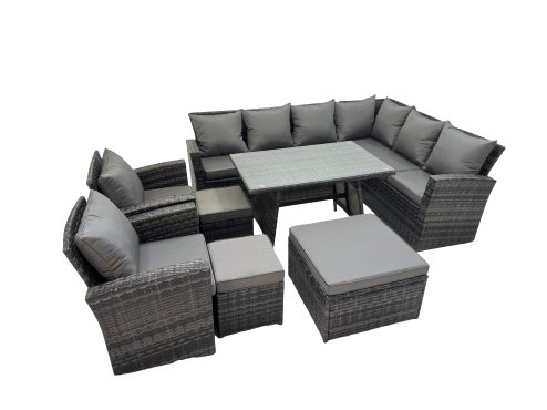 Fimous 11 Seater Garden Outdoor Rattan Furniture Set Rattan Corner Sofa Oblong Dining Table with 2 Armchairs 3 Footstools Dark Grey