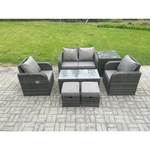 Fimous 6 Seater Rattan Lounge Sofa Set Outdoor Garden Furniture Set with Rectangular Coffee Table Love Sofa Side Table 2 Small Footstools Dark Grey Mixed