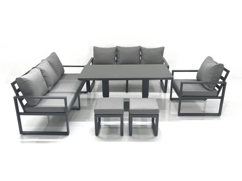 Fimous Outdoor Garden Furniture Set Aluminium Lounge Sofa Adjustable Rising Lifting Dining Table Sets with 2 Small Footstools Dark Grey