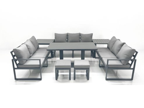 Fimous 11 Seater Garden Sofa Set Aluminium Furniture Rising Dining Tabe Set with 2 Side Tables 2 Small Footstools Dark Grey