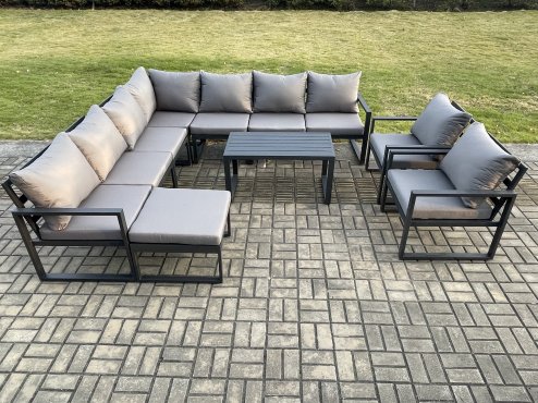 Fimous Aluminium Patio Outdoor Garden Furniture Lounge Corner Sofa Set with Oblong Coffee Table Big Footstool 2 Chair Dark Grey