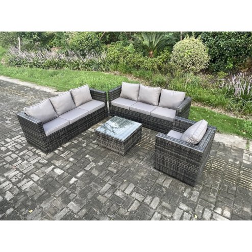 Fimous Rattan Garden Furniture Sofa Set with Armchair Square Coffee Table Indoor Outdoor 7 Seater Rattan Set Dark Grey Mixed