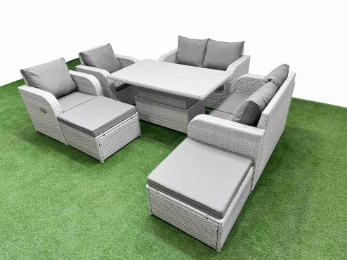 Fimous 8 Seater Outdoor Reclining Chair Love Sofa Set Rattan Garden Furniture Set with Adjustable Lifting Dining or Coffee Table 2 Big FootStools Light Grey