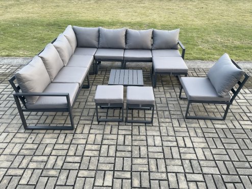 Fimous 11 Seater Patio Outdoor Garden Furniture Aluminium Lounge Corner Sofa Set with Square Coffee Table 3 Footstools Dark Grey