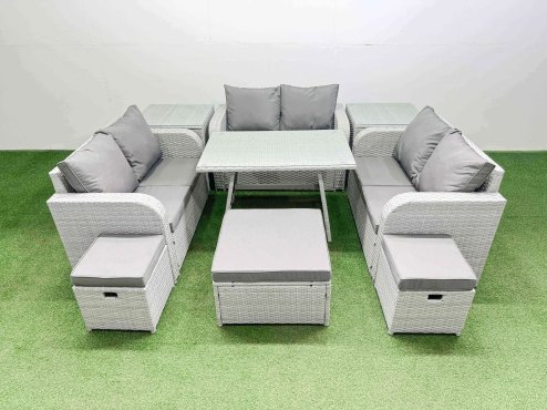 Fimous Rattan Garden Furniture Dining Set 9-seater Patio Rectangular Table Love Sofa Set with 2 Side Tables 3 Stools