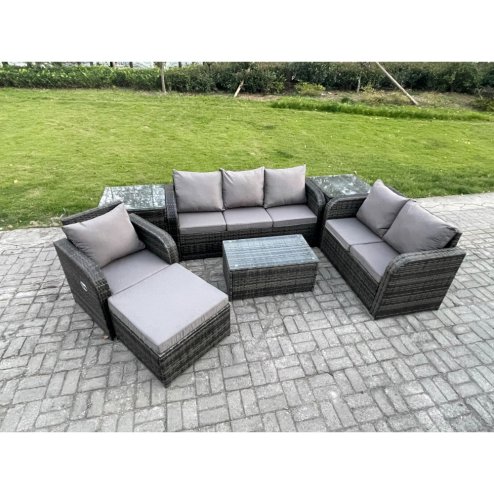 Fimous Patio Garden Furniture Sets Wicker 7 Seater Outdoor Rattan Furniture Sofa Sets with Rectangular Coffee Table Reclining Chair 3 Seater Sofa 2 Side Tables Big Footstool
