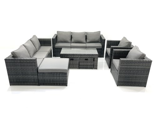Fimous Rattan Garden Furniture Sofa Set with Coffee table Armchair 3 Footstools Dark Grey Mixed