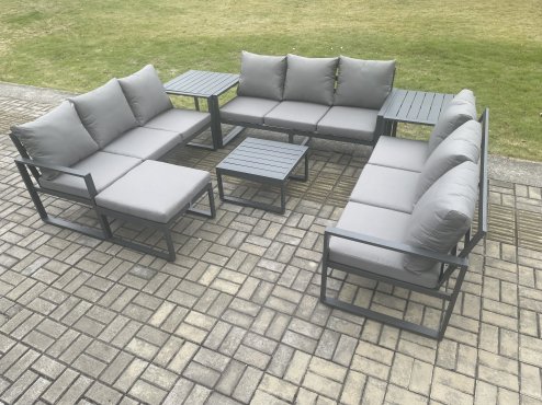 Fimous Aluminium 10 Seater Outdoor Garden Furniture Set Patio Lounge Sofa with Square Coffee Table 2 Side Tables Big Footstool Conservatory Set Dark Grey