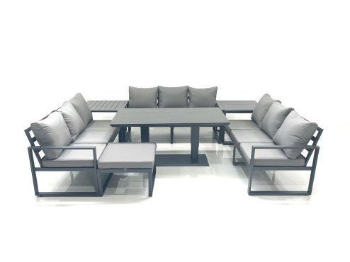 Fimous 10 Seater Garden Sofa Set Aluminium Furniture Rising Dining Tabe Set with 2 Side Tables Big Footstool Dark Grey