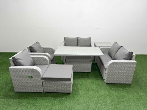 Fimous 7 Seater Outdoor Reclining Chair Love Sofa Set Rattan Garden Furniture Set with Adjustable Lifting Dining or Coffee Table Footstool Side Table Light Grey