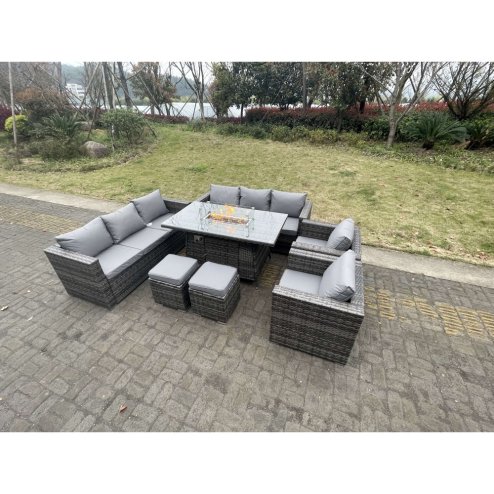 Fimous 10 Seater Outdoor PE Rattan Garden Furniture Gas Fire Pit Dining Table Set Lounge Sofa 2 PC Armchairs With 2 Stools Dark Grey Mixed Patio