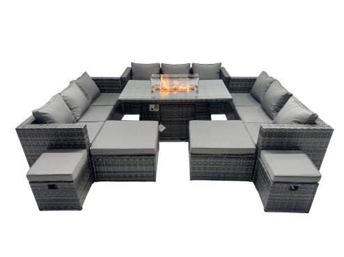 Fimous Rattan Garden Furniture Firepit Dining Set 13 Seater Lounge Sofa Table Set with 4 Footstools