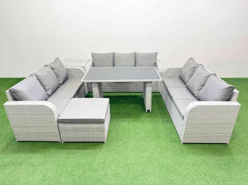Fimous Patio Garden Furniture Sets with Black Glass Top Dining Table 3 Seater Sofa Side Table Big Stool Light Grey