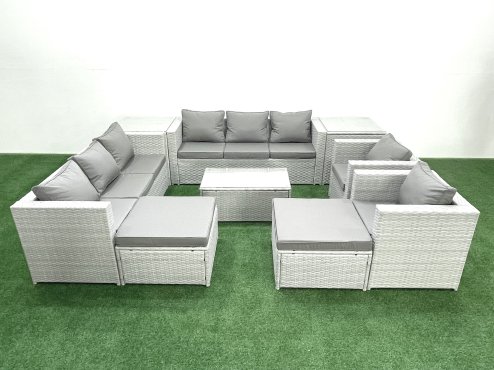 Fimous Outdoor Rattan Sofa Garden Furniture Set with 2 Armchairs Oblong Coffee Table 2 Big Footstools 2 Side Tables Light Grey Mixed