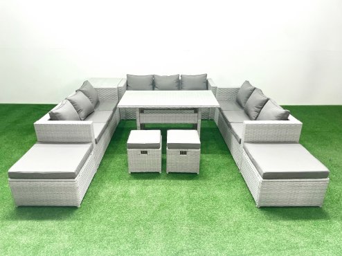Fimous Rattan Garden Furniture Dining Set 13 Seater Lounge Sofa Dining Table Set with 4 Footstools Side Table Light Grey Mixed