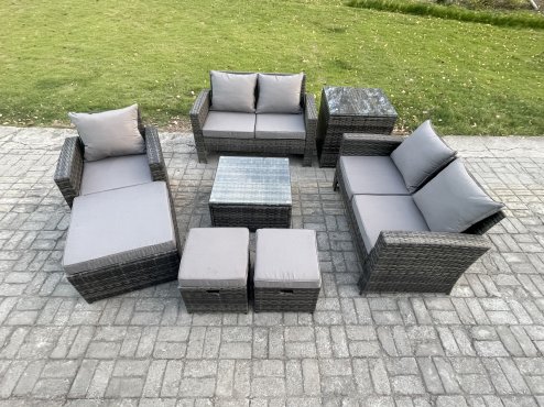Fimous 8 Seater Outdoor Rattan Garden Furniture Set Conservatory Patio Sofa Coffee Table Set with Chair Side Table 3 Footstools Dark Grey Mixed