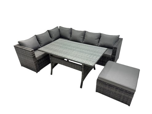 Fimous Outdoor PE Rattan Sofa Set with Dining Table Patio Garden Furniture Sets with Big Stool Dark Grey Mixed